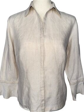 LOFT Cream Ecru Linen Shirt Hidden Button Front Ruffle Sleeve Coastal Resort SM